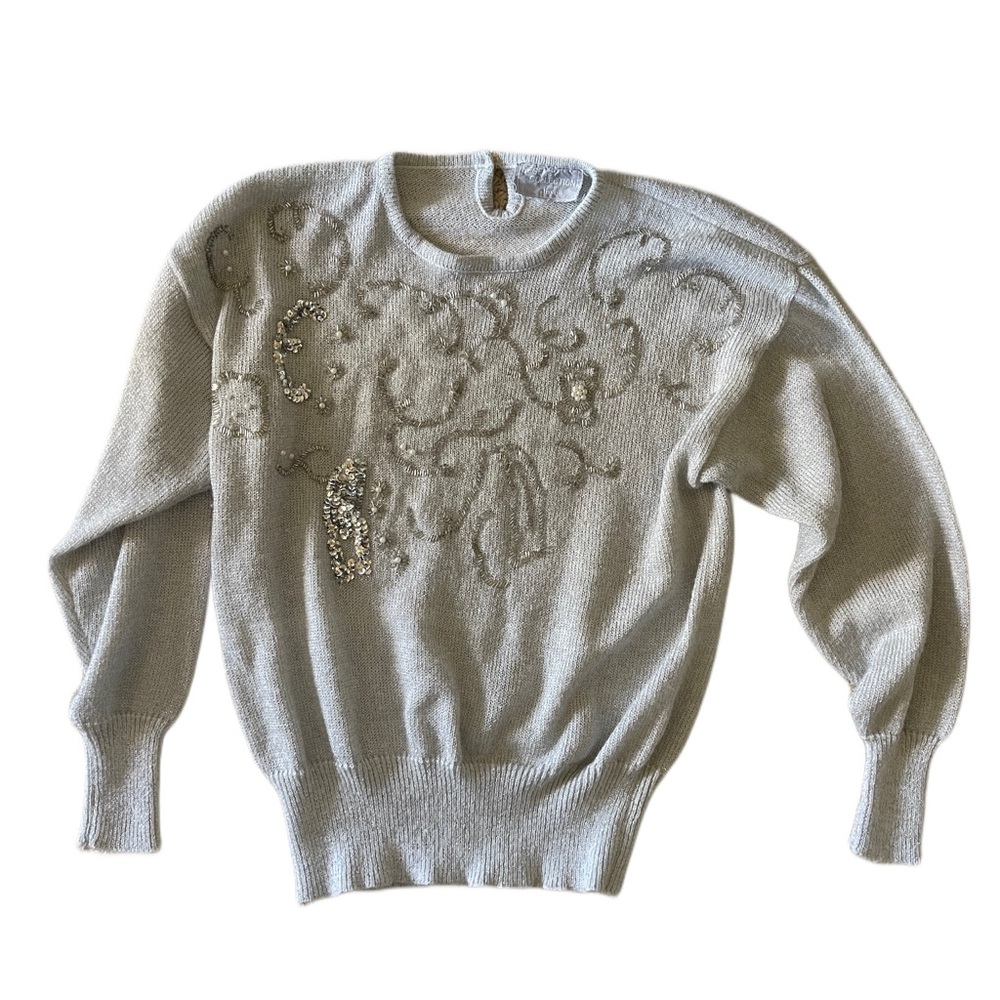 Vtg Embellished Sweater Womens Medium Grey Silver Bead Rhinestones 80's 90’s